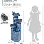 34" H Ceramic Outdoor Water Fountain with LED Lights, 4-Tier Bowl Water Feature with Birds, Teal Blue Glaze, Embossed Leaf Pattern, Cascading Waterfall for Tranquil Garden, Patio, or Porch - Image 3