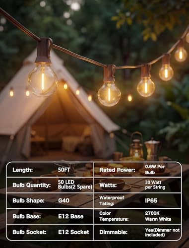 50FT Brown Outdoor String Lights, Shatterproof LED Globe Edison String Lights with 50 G40 LED Bulbs, Waterproof Connectable Hanging Light for Backyard Patio Porch Balcony Party Decor, E12 Base - Image 7