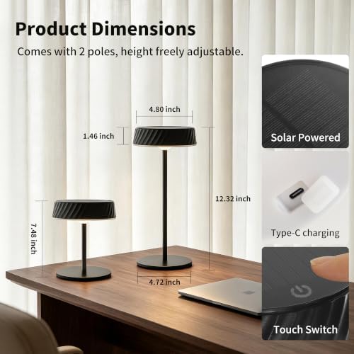 Solar Outdoor Waterproof Cordless Rechargeable Set of 2 Table Lamp, Portable Touch Dimmable Battery Operated Table Light with Adjustable Height Pole, for Patio Restaurant Kitchen (Black 2 Pack) - Image 6