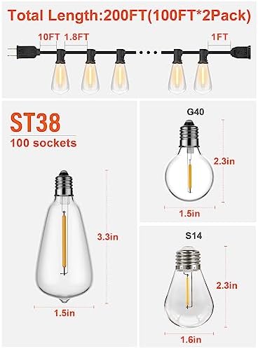 GPATIO 200FT(100FT*2Pack) Outdoor String Lights, Waterproof Patio Lights with 104 Dimmable Hanging Lights Globe ST38 Bulbs, 2700k Shatterproof for Backyard Gazebo Porch Garden Outside Decor - Image 2