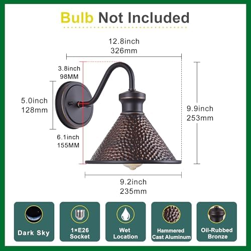 Tarentlight Gooseneck Outdoor Wall Sconce 1-Light E26 Socket Farmhouse Wall Mount Porch & Patio Lights,9.3Inch Width Casting Aluminum Shade,Oil Rubbed Bronze,Easily Installed in Outdoor and Indoor. - Image 6