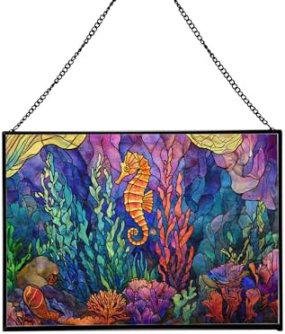 Glowing Coral Garden with Tiny Seahorse Rectangular Stained Glass Suncatcher – Hanging Window Panel with Animal & Nature Scene – Vibrant Glass Art Gift for Wildlife, Fantasy, Nature Lovers gQJxpI by Custom
