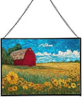 Barn Surrounded by Summer Wildflowers Rectangular Stained Glass Suncatcher – Hanging Window Panel with Animal & Nature Scene – Vibrant Glass Art Gift for Wildlife, Fantasy, Nature Lovers UGt1vK by Custom