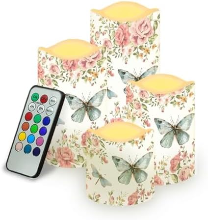 Butterfly Pink Floral Flameless Candles Realistic LED Candles with Remote and Timer Set of 4 Pillar Candles Battery Operated Candles for Valentines Home Table Wedding Birthday Decor by Uorisanigo