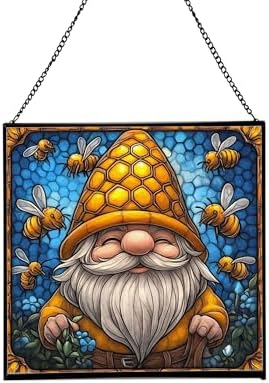 Bee Keeper Gnome Stained Glass Suncatcher – Square Hanging Window Panel for Home or Greenhouse – Whimsical Glass Art Gift for Garden Lovers, Christmas, Halloween, Father Days jHIJ7k by Custom