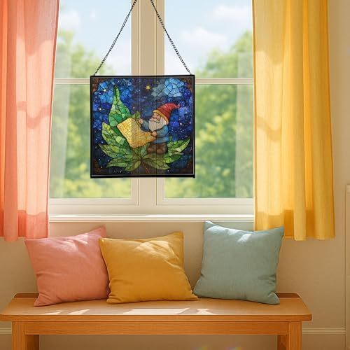 Gnome with Night Sky map Stained Glass Suncatcher – Square Hanging Window Panel for Home, Garden, Nursery, Halloween, Christmas, Memorial Day – Whimsical Glass Art Gift for Gnome Lovers cg43hu - Image 5
