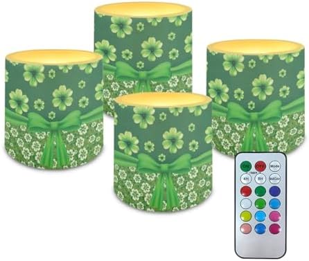 4 Pcs Flickering Flameless Candles with Remote Battery Operated Pillar Candles with Timer St Patrick's Day Shamrocks Ribbon Print LED Pillar Tealights for Patio Banquet Home Decor by Merkmak