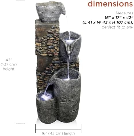 Alpine Corporation HIM562 Outdoor 4 Tier Stone Bowl Fountain with LED Lights for Garden, Patio, Yard, and Outdoor Spaces, 42" H, Gray - Image 3