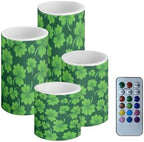 St Patrick's Day Flameless Candles with Remote Battery Operated Candles with Timer Pack of 4 Novelty Green Shamrocks LED Pillar Tea Lights for Indoor Outdoor Decorations by Merkmak
