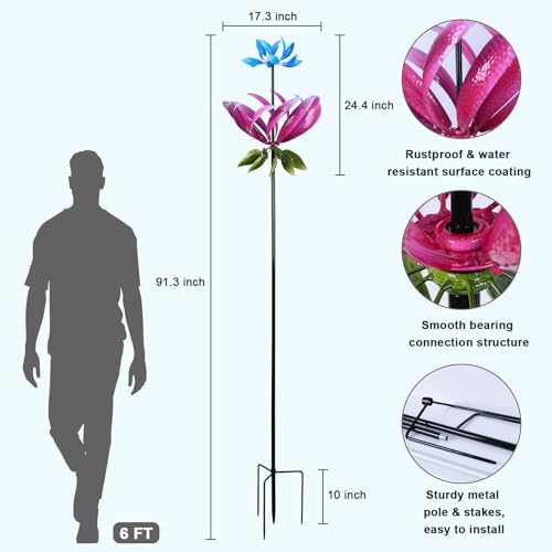 hogardeck Large Wind Spinner Outdoor, 91.3" Metal Flowers Wind Spinner with Heavy-Duty Stakes, 360° Rotating Triple-Layer Kinetic Yard Art for Home Outside Garden Lawn Backyard Patio Decor - Image 3