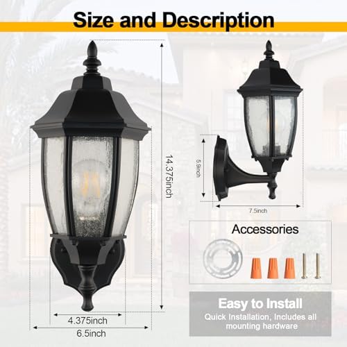 Outdoor Wall Lantern, 14 Inch Porch Light Fixture Seed Glass Shades. - Image 3