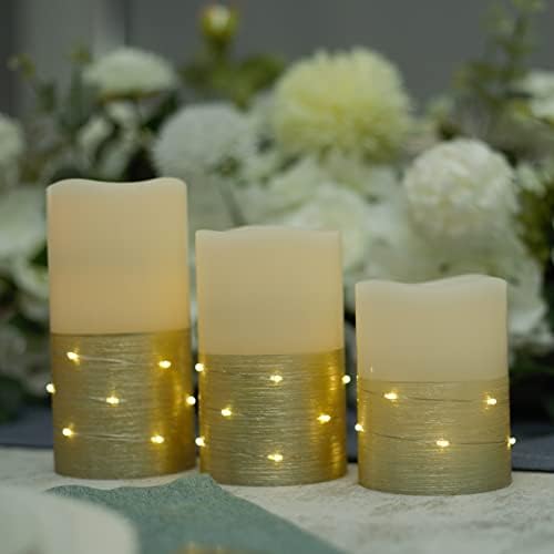 H-BLOSSOM Flickering Flameless Candles Ivory Real Wax Pillar with Embedded String Lights LED Candles Battery Operated with 10 Key Remote and Cycling 5H Timer Set of 3 (3" x 4"/5"/6") (Gold) by AKSquared