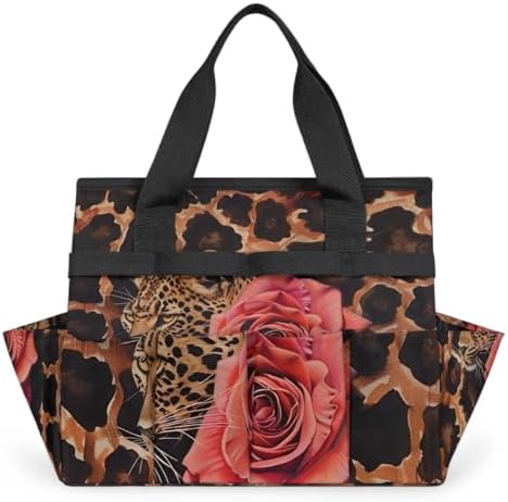 Leopard Rose Garden Tool Bag, Garden Tote Storage Bag with 10 Pockets, Indoor and Outdoor Leopard Print Gardening Tool Organizer for Women Men by CURLYOOT