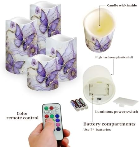 Purple Butterfly LED Pillar Candles Bulk Set of 4 with Timer Remote Color Changing Electric Fake Candles for Home Decorations - Image 3