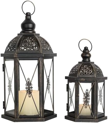 Large Lantern Decorative Outdoor & Indoor, Set of 2 (15’’&10’’) Metal Candle Lanterns Decor, Vintage Hanging Candle Holder for Front Porch Patio Wedding Farmhouse Home, Spring Decoration by DECORKEY