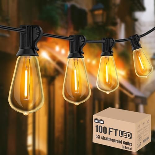 Achin 100FT Outdoor String Lights LED Dimmable Patio Lights String Waterproof with 50+3 Shatterproof Bulbs ST38 Vintage String Lights for Outside Gazebo Bistro Lights, 2200K Warm White by Achin