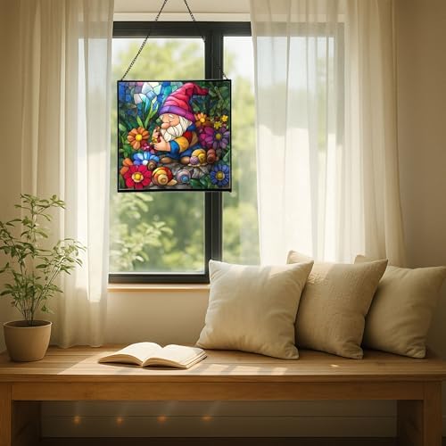 Gnome and Snail Friends Stained Glass Suncatcher – Square Hanging Window Panel for Home or Greenhouse – Whimsical Glass Art Gift for Garden Lovers, Christmas, Halloween, Father Days MKtJDN - Image 7