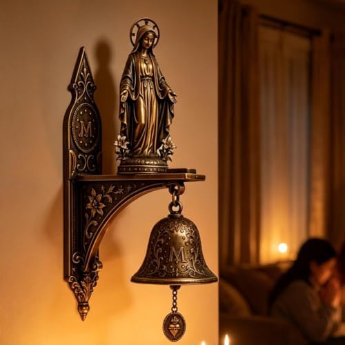 Our Lady of Grace Bronze Medal Wall Bell, Catholic Religious Home Garden Decor,Virgin Mary Hanging Prayer Bell,Vintage Mary Statue Brass HandBell,Church Porch Prayer Chapel Entryway Devotional Gift - Image 2