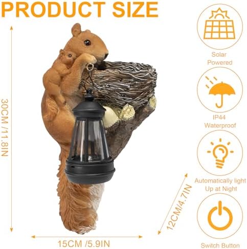 Squirrel Tree Hugger Garden Outdoor Statue Decor with Solar Powered Lantern for Outside Porch Patio Wall Tree Fence, Squirrel Figurine Birthday Gifts for Mom - Image 3
