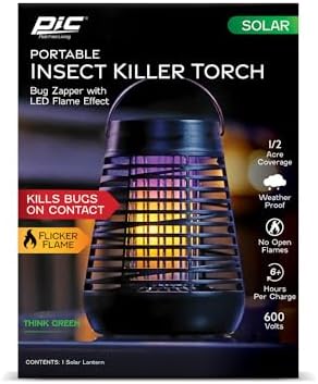 PIC Portable Bug Zapper, 600V Solar Powered Insect Trap & Fly Zapper for Outdoor Use, LED Flickering Flame, Activates Automatically in Dark, Weatherproof Outdoor Fly Trap, Kills Bugs on Contact - Image 2