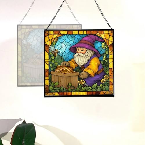 Gnome Beekeeping Stained Glass Suncatcher – Square Hanging Window Panel for Home, Garden, Nursery, Halloween, Christmas, Memorial Day – Whimsical Glass Art Gift for Gnome Lovers b9jpfw - Image 4
