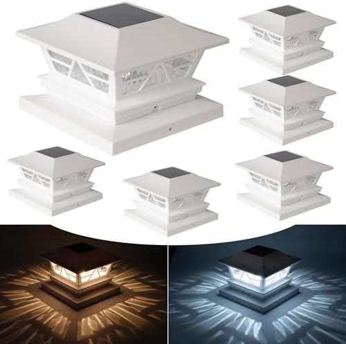 TW SHINE 6 Pack 4x4 Solar Post Cap Lights, 2 Modes White Solar Fence Lights Waterproof Warm White/Cool White for Yard, Garden, Porch Decor, for 5x5 6x6 Wood Posts by TWSHINE