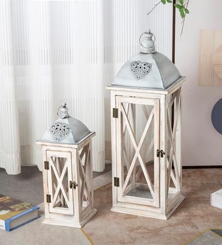 Set of 2 Large Farmhouse Wooden Metal Lanterns, Rustic Decorative Floor Candle Lanterns, Whitewash Distressed Hanging Lanterns for Home Decor (No Glass) - Image 3