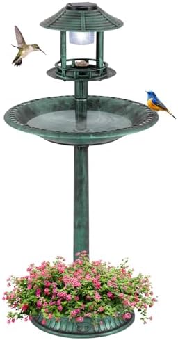 LDAILY Outdoor Bird Bath, 42’’ Solar Lighted Pedestal Birdbaths with Birds Feeder ,20’’ Water Bowl, Flower Planters and 3 Stakes, Attract Birds Antique Bird Bath for Outside Garden, Yard (Green, 42‘’) by LDAILY