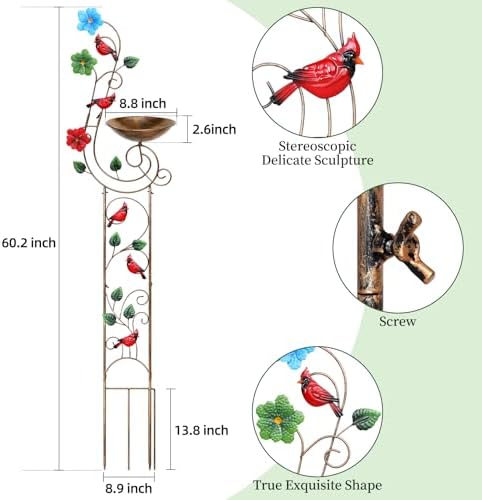 YADOOLIFE 57” Bird Bath with Garden Trellis for Climbing Plants Outdoor, Small Decorative Trellises Metal Birdbath Bird Baths, 1 Piece (Redbird) - Image 5