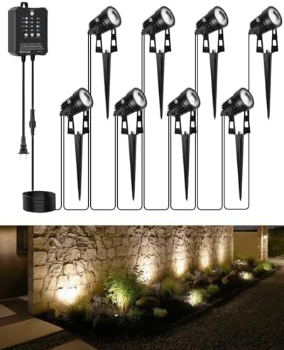 All-in-One Low Voltage Landscape Lighting, Dusk to Dawn Transformer Timer, Waterproof Spotlights, Dimmable LED Outdoor Landscaping Lights Kit for Yard Backyard Tree House 24V (8 pack warm white) by Sunmerit