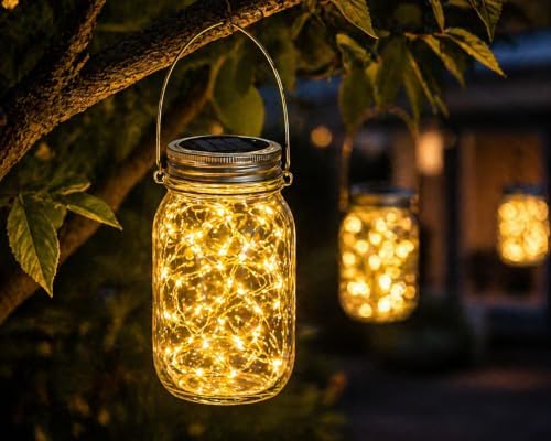 Outdoor Hanging Lanterns Solar Powered Mason Jar Lights with 30 LEDs Led String Lights for Wedding Garden Patio (Jars & Hangers Included) (6-Pack) - Image 3