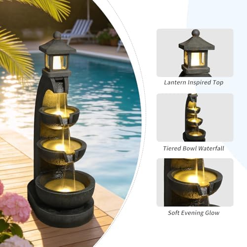 35.4''H Outdoor Water Fountain with LED Lights, 4 Tier Bowl Cascading Resin Lantern Style Garden Fountain for Patio Yard Porch Landscape, Easy Assembly, Grey - Image 7