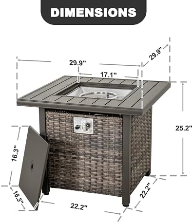 Nuu Garden Propane Fire Pit Table, CSA Certified 30 Inch 50,000 BTU Outdoor Propane Gas Cabinet Square Fire Pit Table, Iron Tabletop, Rattan and Iron Frame, with Lid and Fire Glass Beads, Black - Image 6