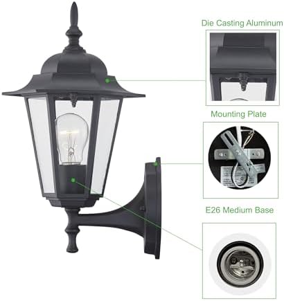 WISBEAM Outdoor Wall Lantern, Black Wall Sconce for House Porch Lighting Fixture, E26 Base 60W Max, Metal Housing Plus Glass, Wet Location Rated, ETL Qualified, Bulbs not Included - Image 6