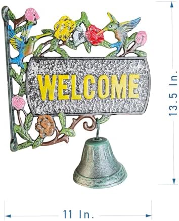 Vintage Cast Iron Welcome Sign with Functional Doorbell (13.5x11 inches) - Decorative Outdoor Wall Hanging with Hand-Painted Birds and Flowers HC7466 - Image 3