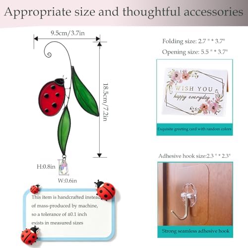 Handmade Real Stained Glass Ladybug Suncatcher, Red Ladybug on Green Leaves ，Window Hanging or Wall Hanging Art Decor,Crystal Bead Accent, Nature-Inspired Home Decor, Indoor & Outdoor Garden Ornament - Image 3
