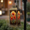 Solar Lantern Outdoor Waterproof Stained Glass Lavender Floral Warm Orange Green Tones Garden Decor LED Hanging Solar Lights Tabletop Lamp Gifts for Women Mom Outside Yard Patio Porch by DERUINVAIO