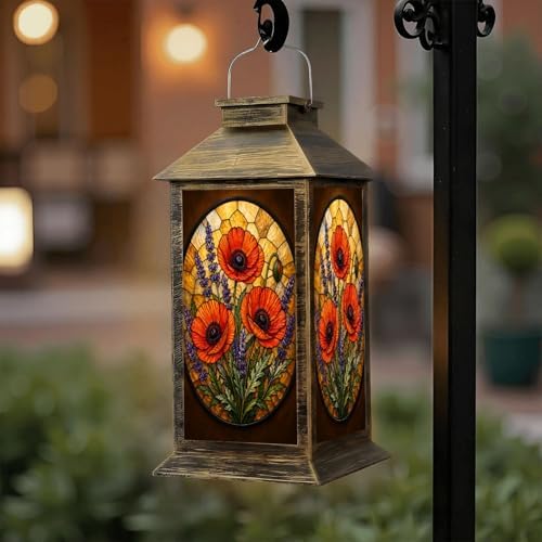Solar Lantern Outdoor Waterproof Stained Glass Lavender Floral Warm Orange Green Tones Garden Decor LED Hanging Solar Lights Tabletop Lamp Gifts for Women Mom Outside Yard Patio Porch by DERUINVAIO
