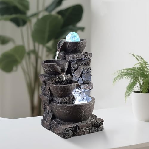 Indoor Tabletop Fountain with 4-Tier Stone Bowls, Rolling Crystal Ball & LED Lights – Tranquil Waterfall Decor for Home, Office or Zen Space (23066) - Image 2