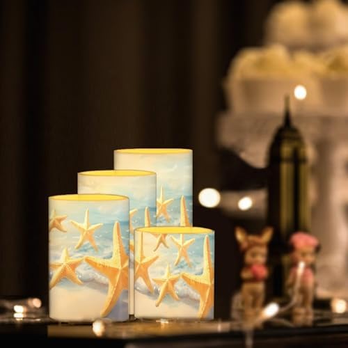 GLENLCWE Starfish on Beach Flameless Light Candles with 4H 8H Timer, Battery Operated Candles with 18-Key Remote Flickering Smokeless Pillar Candles-4PCS - Image 2