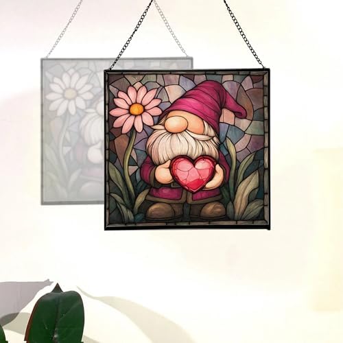 Valentine Gnome Hug Stained Glass Suncatcher – Square Hanging Window Panel for Home or Greenhouse – Whimsical Glass Art Gift for Garden Lovers, Christmas, Halloween, Father Days qaXrWI - Image 4