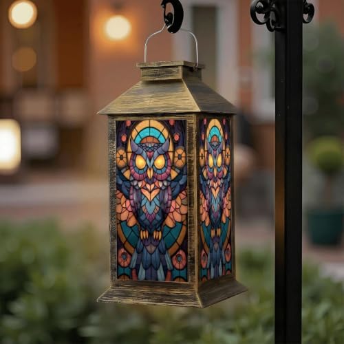 Solar Lantern Geometric Owl Stained Glass Outdoor Waterproof Garden Hanging Lantern Solar Powered Lighting Outside Solar Light for Patio Yard Camping, Gifts for Women Mom - Image 6