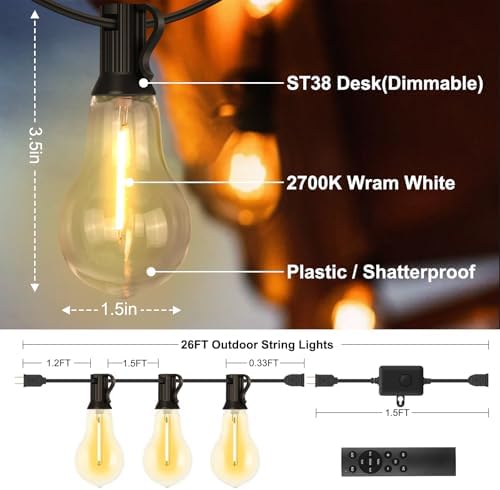 26FT Outdoor String Lights 17+2 Bulbs,120W Dimmer Remote IP65 Watterproof - Image 7
