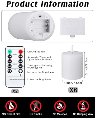 VIHOSE 6 Pack White Flameless Candles Set with Remote and Timer Flickering Flameless Battery Candles Flat Top LED Pillar for Wedding Outdoor Home Festival Decoration(D 3" H 3") - Image 2