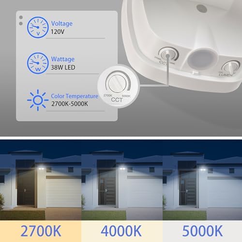38W Flood Lights Outdoor, Integrated LED Security Light Fixture with 2 Adjustable Heads, Adjustable Brightness and Color, Dusk to Dawn Exterior LED Outdoor Light for Garage Yard Porch (White) - Image 4