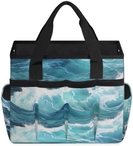 Sea Waves Garden Tool Bag Organizer Heavy Duty Ocean Gardening Tote Bag with 10 Pockets for Women Men Gardening Gifts - Image 2