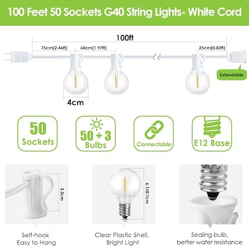 Mlambert 100Ft LED Outdoor String Lights, Dimmable Waterproof G40 Globe Patio Lights with 50+3 2700K Shatterproof Bulbs for Cafe Bistro-White Cord - Image 4