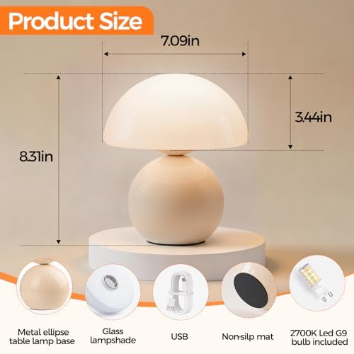 NIORSUN Mushroom Lamp Table Lamp for Bedroom, Portables Cordless Table Lamp,Wireless lamp,Small Bedside Table Touch Lamps for Living Room,Mini Mushroom 5200mAh Battery Operated Lamp Modern Cream - Image 2