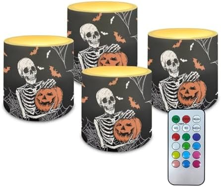 Halloween Pumpkin Skeleton Flickering Flameless Candles with Remote Battery Operated Candles with Timer Control LED Pillar Tea Lights for Indoor Outdoor Banquet Party Home Decorations by Merkmak