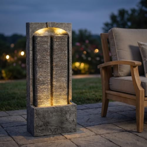 39 Inch Slate Textured Wall Water Fountain with LED Lights, Weatherproof Resin Fiberglass Freestanding Cascading Water Feature Out Patio for Backyard Indoor Entryway Decor - Image 3